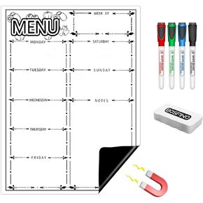 Magnetic White Board, LiebHome Magnetic Frige White board, Dry Erase Weekly Menu Planner/Family Calendar 16" x 12" with Grocery List and Notes (Black Cook This)