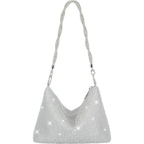 Rhinestone Clutch Purse for Women, Sparkly Hobo Bag, Glitter Shoulder Bag, Shiny Crossbody Handbag, Chic Money Hand Bag for Date Party Prom, Silver
