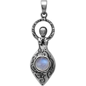 925 Sterling Silver Round Rainbow Moonstone Celtic Goddess Of Fertility Charm Pendant