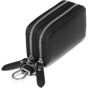 Car Key Case Genuine Leather, Car Keychain Holder Metal Hook and Keyring Zipper, 2 Sides Pocket Car Key Fob Holder for Women