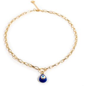 Protector Amulet Evil Eye Drop Charm on18K Yellow Gold Plated Paperclip Chain Adjustable Necklace for Her