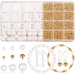 ROADPLUM 1947 Pcs Pearl Beads for Jewelry Making, White and Gold Beads for Crafts with Holes, Gold Filled Beads for Bracelets Making Kit, Multi-Size Spacer Beads for DIY Bracelet Necklace Craft