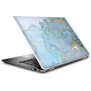 غطاء لاصق من الفينيل للكمبيوتر المحمول للكمبيوتر المحمول مقاس 14 بوصة HP 2 في 1 يعمل باللمس Chromebook x360 - أزرق مخضر وذهبي وأبيض ورخام جرانيت