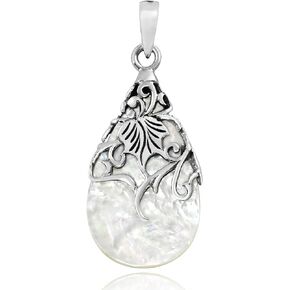 AeraVida Vintage Vine Adorned White Mother of Pearl Teardrop .925 Sterling Silver Pendant | DIY Pearl Pendant for Women | Teardrop Charm