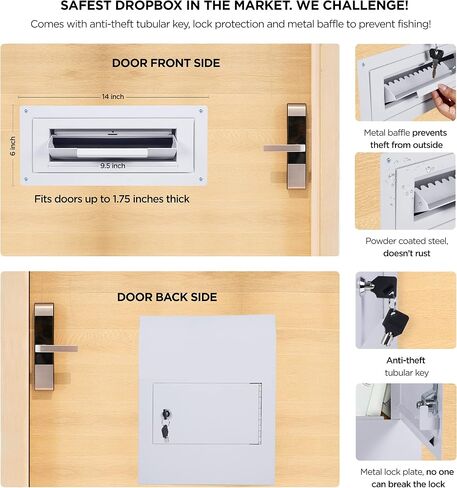 flybold Through-the-Door Locking Key Drop Box Heavy Duty Rainproof Door Mail Slot Drop Boxes for Business with Tubular Lock Keys Baffle Prevents Money Fishing Dropbox Slots for Doors Keys Rent Deposit in Saudi Arabia