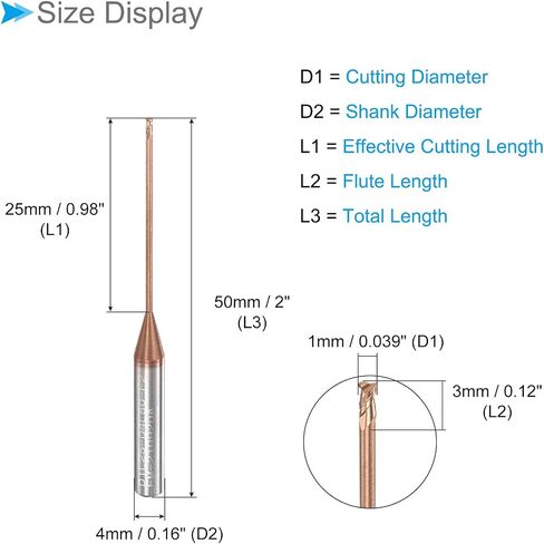Square Nose End Mill, 1mm x 25mm Cutting, Long Reach Titanium (Nano-Scale) Coated Carbide 2 Flutes CNC Router Bits - (Applications: for Stainless Steel Cast Iron Metal) in Saudi Arabia