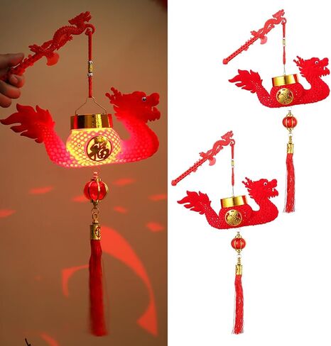 2 قطعة التنين الأحمر الفوانيس الصينية الديكور مع التنين شكل القطب شرابة بطارية تعمل ثلاثية الأبعاد النمط الصيني العام الجديد مهرجان الربيع الديكور in Kuwait