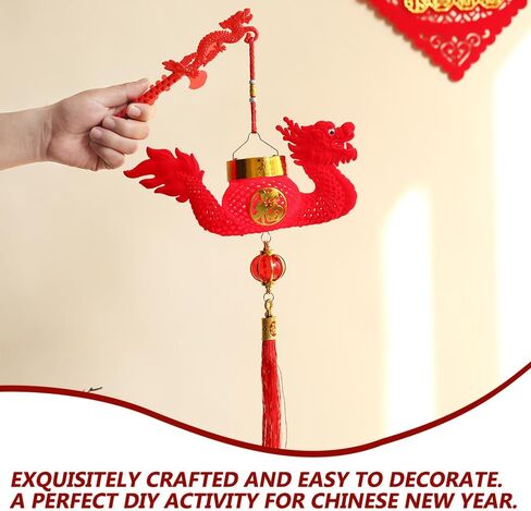 2 قطعة التنين الأحمر الفوانيس الصينية الديكور مع التنين شكل القطب شرابة بطارية تعمل ثلاثية الأبعاد النمط الصيني العام الجديد مهرجان الربيع الديكور in Kuwait