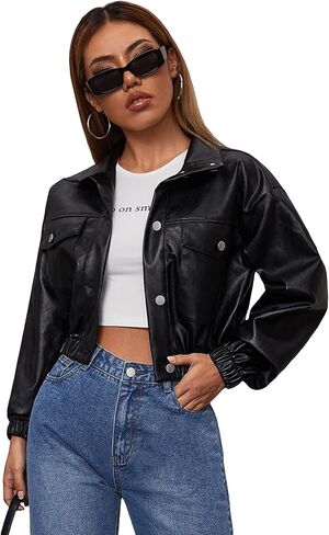 MakeMeChic Women's Casual Faux Leather Jacket Long Sleeve Button Front Cropped Outerwear Coat in Saudi Arabia