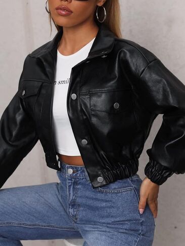 MakeMeChic Women's Casual Faux Leather Jacket Long Sleeve Button Front Cropped Outerwear Coat in Saudi Arabia