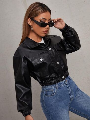 MakeMeChic Women's Casual Faux Leather Jacket Long Sleeve Button Front Cropped Outerwear Coat in Saudi Arabia