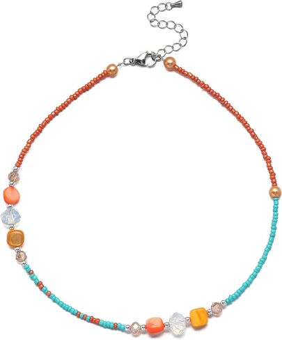 Beaded Necklace for Women, Colorful Gemstone Choker Necklaces Boho Cute Necklace Handmade Crystal Summer Beach Jewelry for Teen Girls in Saudi Arabia