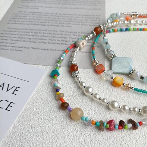 Beaded Necklace for Women, Colorful Gemstone Choker Necklaces Boho Cute Necklace Handmade Crystal Summer Beach Jewelry for Teen Girls in Saudi Arabia