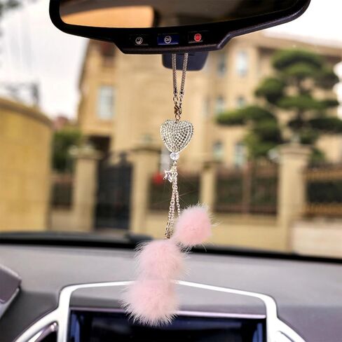 Bling Car Mirror Accessories for Women, Rhinestone Diamond Love Heart & Pink Plush Ball Decor Ornament Pendant, Car Rear View Mirror Hanging Charm Pendant, Lucky Hanging Accessories (black) in Kuwait