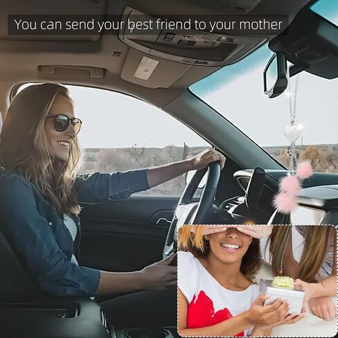 Bling Car Mirror Accessories for Women, Rhinestone Diamond Love Heart & Pink Plush Ball Decor Ornament Pendant, Car Rear View Mirror Hanging Charm Pendant, Lucky Hanging Accessories (black) in Kuwait