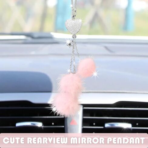 Bling Car Mirror Accessories for Women, Rhinestone Diamond Love Heart & Pink Plush Ball Decor Ornament Pendant, Car Rear View Mirror Hanging Charm Pendant, Lucky Hanging Accessories (black) in Kuwait