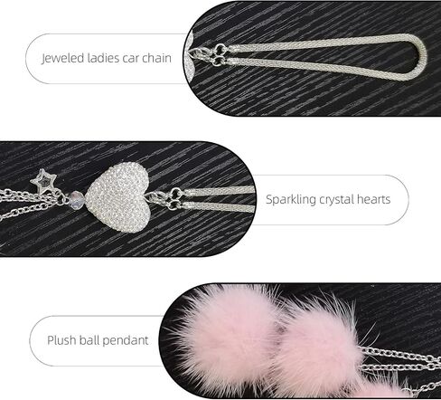 Bling Car Mirror Accessories for Women, Rhinestone Diamond Love Heart & Pink Plush Ball Decor Ornament Pendant, Car Rear View Mirror Hanging Charm Pendant, Lucky Hanging Accessories (black) in Kuwait