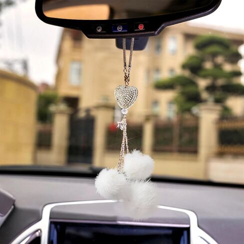 Bling Car Mirror Accessories for Women, Rhinestone Diamond Love Heart & Pink Plush Ball Decor Ornament Pendant, Car Rear View Mirror Hanging Charm Pendant, Lucky Hanging Accessories (black) in Kuwait