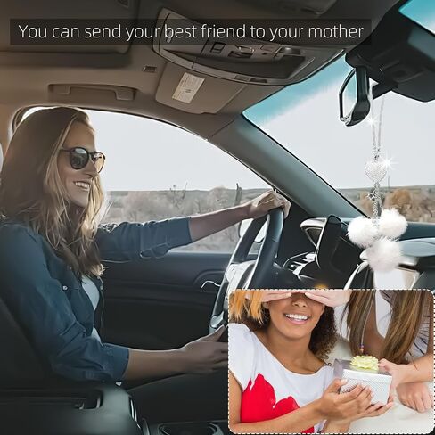 Bling Car Mirror Accessories for Women, Rhinestone Diamond Love Heart & Pink Plush Ball Decor Ornament Pendant, Car Rear View Mirror Hanging Charm Pendant, Lucky Hanging Accessories (black) in Kuwait