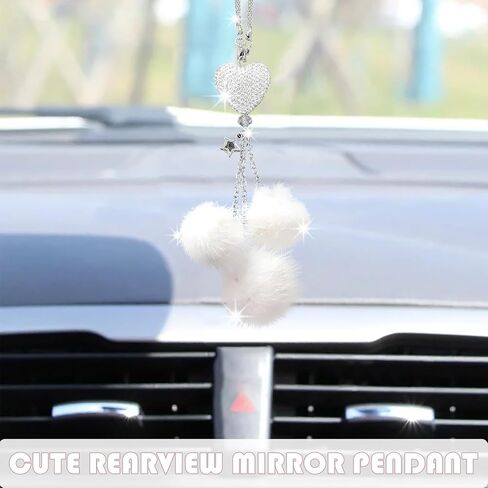 Bling Car Mirror Accessories for Women, Rhinestone Diamond Love Heart & Pink Plush Ball Decor Ornament Pendant, Car Rear View Mirror Hanging Charm Pendant, Lucky Hanging Accessories (black) in Kuwait