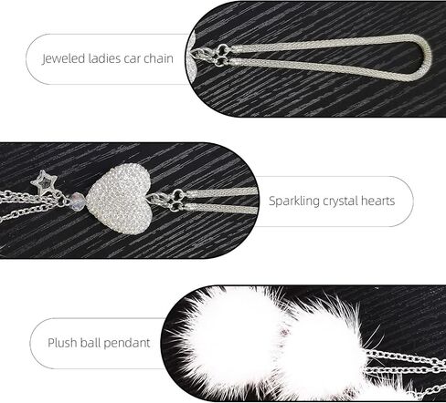 Bling Car Mirror Accessories for Women, Rhinestone Diamond Love Heart & Pink Plush Ball Decor Ornament Pendant, Car Rear View Mirror Hanging Charm Pendant, Lucky Hanging Accessories (black) in Kuwait