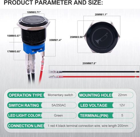 Twidec/22MM مكبر الصوت لحظة دفع زر التبديل 12V 7/8 "تصاعد ثقب الأخضر أدى ضوء أسود الفولاذ المقاوم للصدأ قذيفة 1NO 1NC SPDT مع الأسلاك قبل الأسلاك التبديل لتعديل السيارة BKP22LB-G in Saudi Arabia