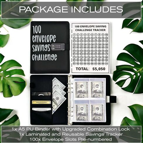 100 Envelopes Money Saving Challenge Book with Upgraded Combination Lock, Savings Challenges Book with Cash Envelopes That is Easy, Fun and Safe Way to Save $5,050 (Black) in Saudi Arabia