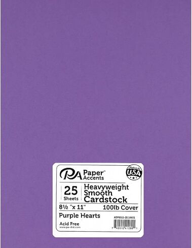 PA Paper Accents Heavyweight Smooth Cardstock 8.5" x 11" Purple Heart, 100lb colored cardstock paper for card making, scrapbooking, printing, quilling and crafts, 25 piece pack in Saudi Arabia