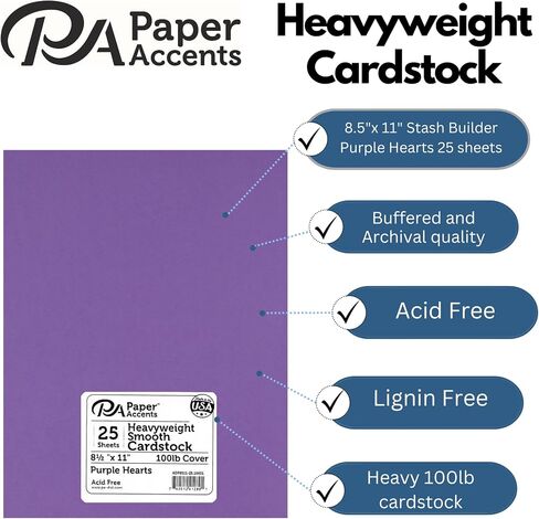 PA Paper Accents Heavyweight Smooth Cardstock 8.5" x 11" Purple Heart, 100lb colored cardstock paper for card making, scrapbooking, printing, quilling and crafts, 25 piece pack in Saudi Arabia