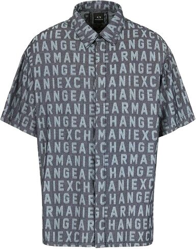 قميص رجالي من A｜X ARMANI EXCHANGE بأكمام قصيرة وشعار كامل من قماش الدنيم من قماش الجاكار وأزرار سفلية. تناسب منتظم in Saudi Arabia