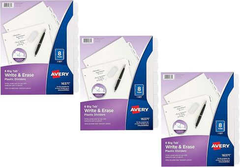 Avery Big Tab Write & Erase Durable Plastic Dividers, 8 White Tabs, 1 Set Per Pack, 3 Packs, 16371 in Saudi Arabia