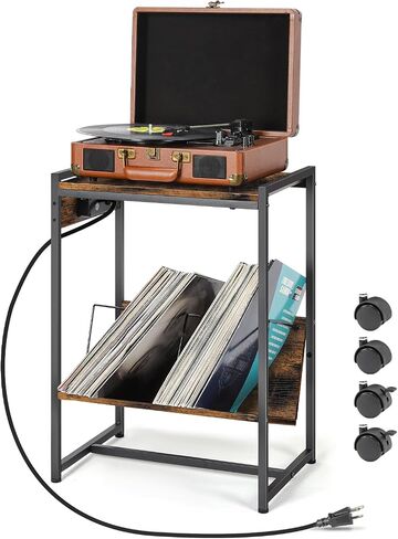 MOOACE Record Player Stand, Vinyl Storage Cabinet, Record Holder with Charging Station, Turntable Stand, Album Shelf, 2 Tier End Table on Wheels for Living Room and Bedroom, Black in Saudi Arabia