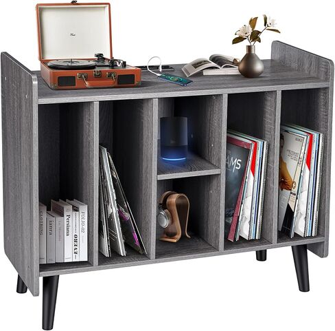 Large Record Player Stand with Power Outlets, Vinyl Record Storage Table with Display Shelf Holds Up to 200 Albums, Turntable Stand Record Storage Cabinet with Wood Legs for Living Room Bedroom, Brown in Kuwait