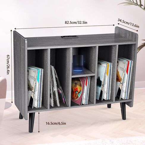 Large Record Player Stand with Power Outlets, Vinyl Record Storage Table with Display Shelf Holds Up to 200 Albums, Turntable Stand Record Storage Cabinet with Wood Legs for Living Room Bedroom, Brown in Kuwait