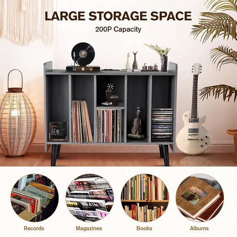 Large Record Player Stand with Power Outlets, Vinyl Record Storage Table with Display Shelf Holds Up to 200 Albums, Turntable Stand Record Storage Cabinet with Wood Legs for Living Room Bedroom, Brown in Kuwait