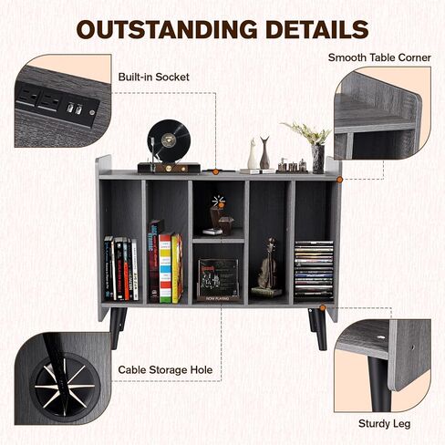 Large Record Player Stand with Power Outlets, Vinyl Record Storage Table with Display Shelf Holds Up to 200 Albums, Turntable Stand Record Storage Cabinet with Wood Legs for Living Room Bedroom, Brown in Kuwait