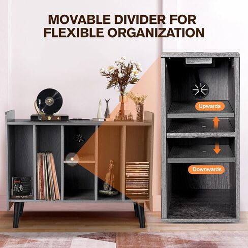 Large Record Player Stand with Power Outlets, Vinyl Record Storage Table with Display Shelf Holds Up to 200 Albums, Turntable Stand Record Storage Cabinet with Wood Legs for Living Room Bedroom, Brown in Kuwait