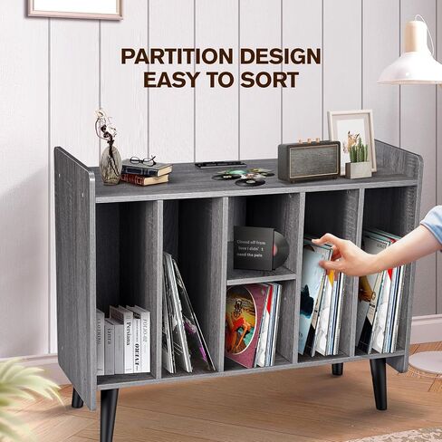 Large Record Player Stand with Power Outlets, Vinyl Record Storage Table with Display Shelf Holds Up to 200 Albums, Turntable Stand Record Storage Cabinet with Wood Legs for Living Room Bedroom, Brown in Kuwait