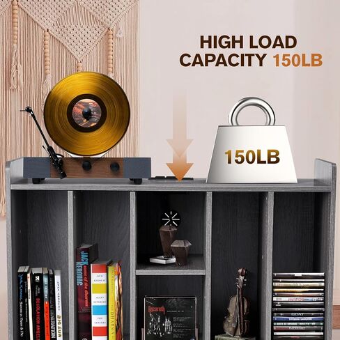 Large Record Player Stand with Power Outlets, Vinyl Record Storage Table with Display Shelf Holds Up to 200 Albums, Turntable Stand Record Storage Cabinet with Wood Legs for Living Room Bedroom, Brown in Kuwait