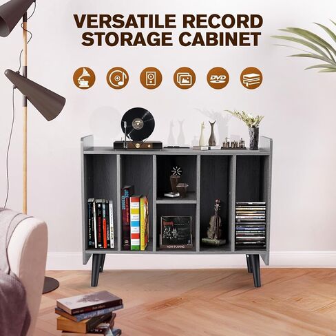 Large Record Player Stand with Power Outlets, Vinyl Record Storage Table with Display Shelf Holds Up to 200 Albums, Turntable Stand Record Storage Cabinet with Wood Legs for Living Room Bedroom, Brown in Kuwait