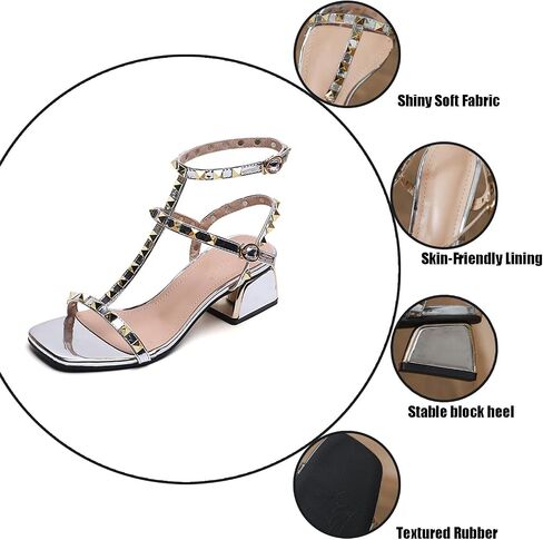 Women's T Strap Studded Chunky Heeled Gladiator Sandals Square Open Toe Thong Adjustable Ankle Strap Mid Block Heel Sandals in Saudi Arabia
