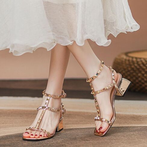 Women's T Strap Studded Chunky Heeled Gladiator Sandals Square Open Toe Thong Adjustable Ankle Strap Mid Block Heel Sandals in Saudi Arabia