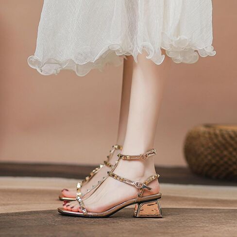 Women's T Strap Studded Chunky Heeled Gladiator Sandals Square Open Toe Thong Adjustable Ankle Strap Mid Block Heel Sandals in Saudi Arabia