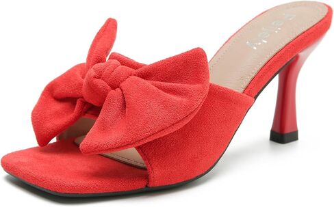 Women's Bow Sandal Mid High Kitten Heel Slip on Square Toe Mule Heels in Kuwait