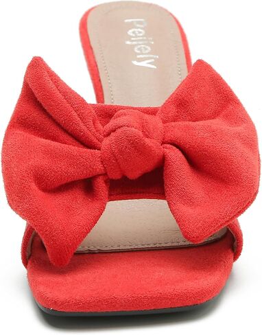 Women's Bow Sandal Mid High Kitten Heel Slip on Square Toe Mule Heels in Kuwait