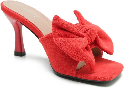Women's Bow Sandal Mid High Kitten Heel Slip on Square Toe Mule Heels in Kuwait