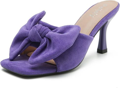 Women's Bow Sandal Mid High Kitten Heel Slip on Square Toe Mule Heels in Kuwait