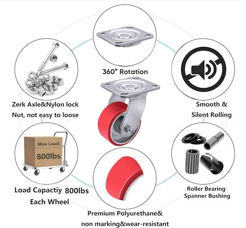 4"X 2" Heavy Duty Casters - Industrial Casters Polyurethane Caster with Strong Load-bearing Capacity 800 LB, Swivel Caster, Widely Used in Furniture,WorkBrench,Tool Box(1 Swivel) in Kuwait