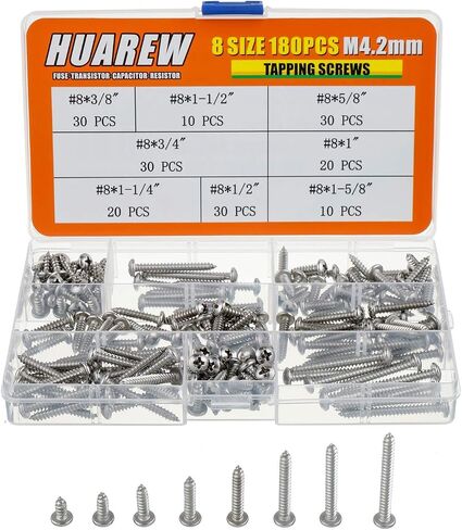 8 مقاسات 180 قطعة #8x3/8"-#8x1-5/8" M4.2 مم 304 من الفولاذ المقاوم للصدأ غاطسة مجموعة تصنيف براغي ذاتية اللولبة in Saudi Arabia