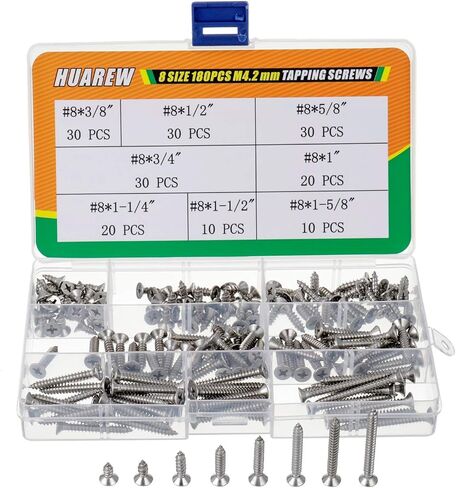 8 مقاسات 180 قطعة #8x3/8"-#8x1-5/8" M4.2 مم 304 من الفولاذ المقاوم للصدأ غاطسة مجموعة تصنيف براغي ذاتية اللولبة in Saudi Arabia